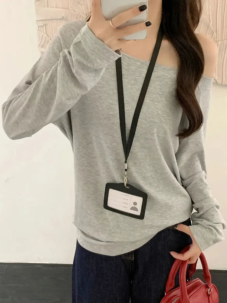 Oversize Off Shoulder Long Sleeve T Shirt Women Solid Color Casual Tops Lady Spring Autumn Basic Tees Korean Style Youth Blouses - Matrix-studios.com