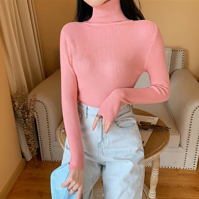 2026 Autumn Winter Women Long Sleeve Knitted Foldover Turtleneck Ribbed Pull Sweater Soft Warm Femme Jumper Pullover Clothes - Matrix Studios
