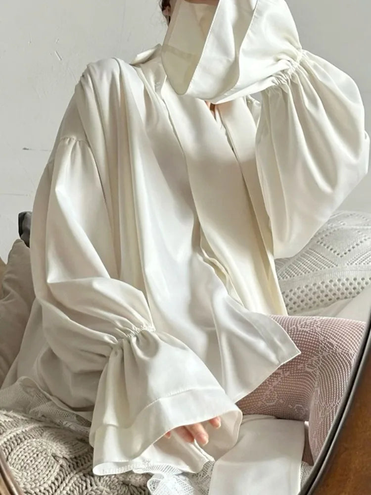 Bonboho Women's Elegant Blouse Solid White Buttoned Satin Shirts Lapel Collar Long Puff Sleeves Loose Fit T-shirt with Scarf - Matrix-studios.com