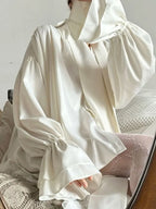 Bonboho Women's Elegant Blouse Solid White Buttoned Satin Shirts Lapel Collar Long Puff Sleeves Loose Fit T-shirt with Scarf - Matrix-studios.com