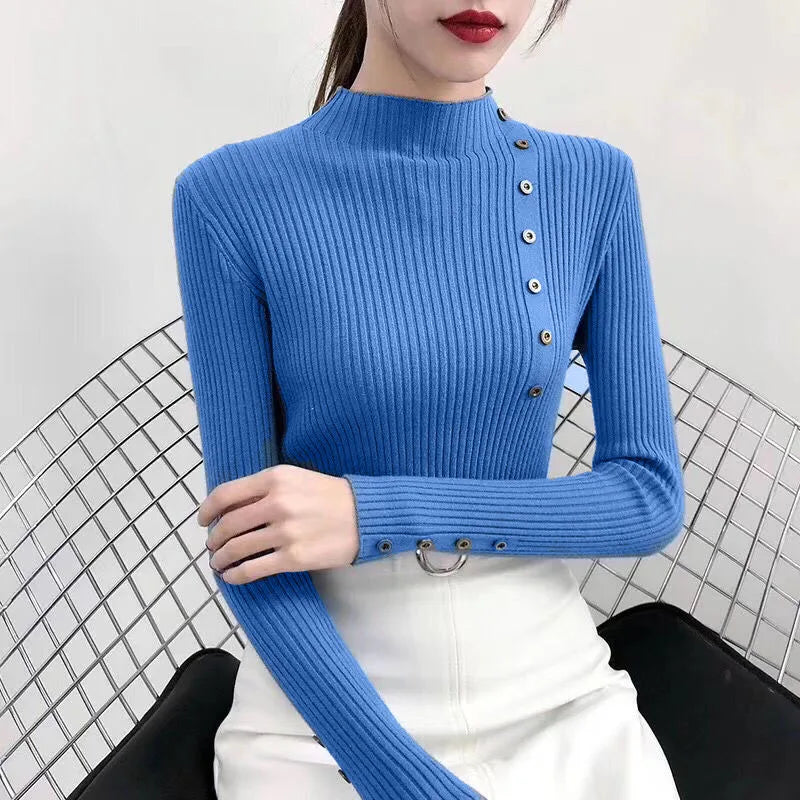 2026 Autumn Knitted Turtleneck Sweaters Women Solid Knitted Female Cotton Soft Elastic Color Slim Pullovers Button Full Sleeve - Matrix Studios
