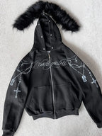 Winter Fashion Streetwear Women's Gothic Punk Faux Fur Hooded Jacket With Cross Print Trendy Edgy Zip - Up Sweatshirt 2026 New - Matrix Studios