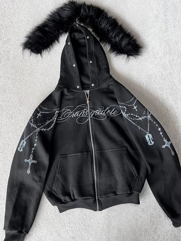 Winter Fashion Streetwear Women's Gothic Punk Faux Fur Hooded Jacket With Cross Print Trendy Edgy Zip - Up Sweatshirt 2026 New - Matrix Studios