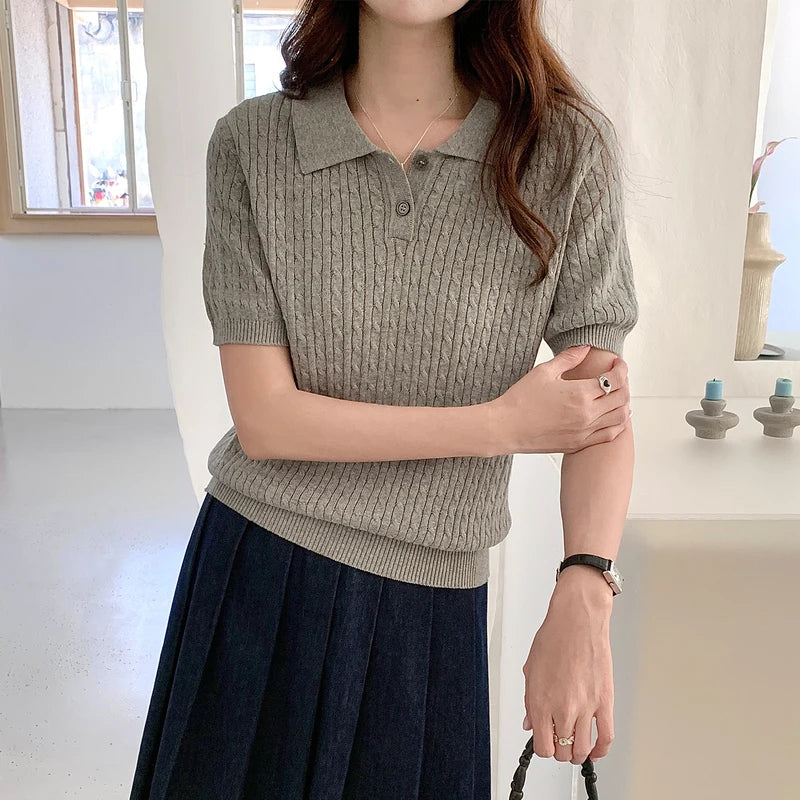 Summer 100% Cotton Women's T-Shirt Casual Solid Color Knitted Pullover Short Sleeved Fit POLO Collar Tees Pull Solid Color Tops - Matrix-studios.com