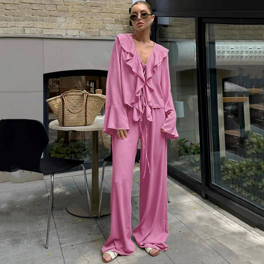 Linad Casual Loose Apricot Outfits Fashion Ruffles Flare Sleeve Blouse With High Waist Pant 2 Piece Sets Summer Long Pants Suits - Matrix-studios.com