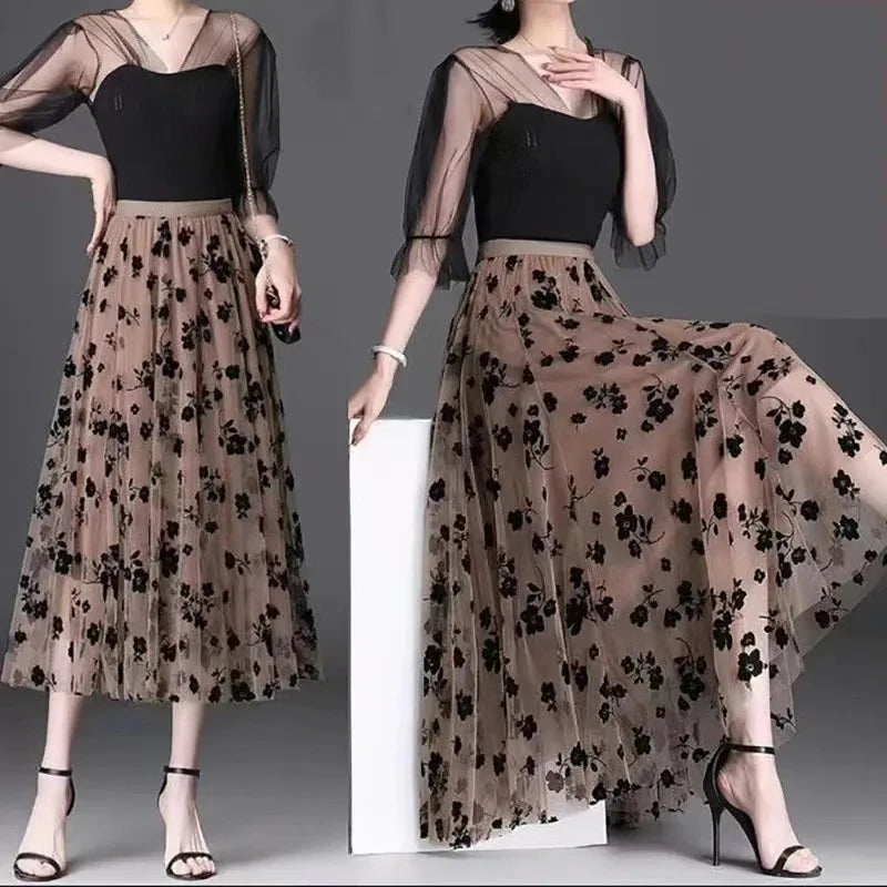 Gauze skirt floral half fairy skirt spring and summer new pleated A-line skirt in the long high waist thin gauze skirt - Matrix-studios.com