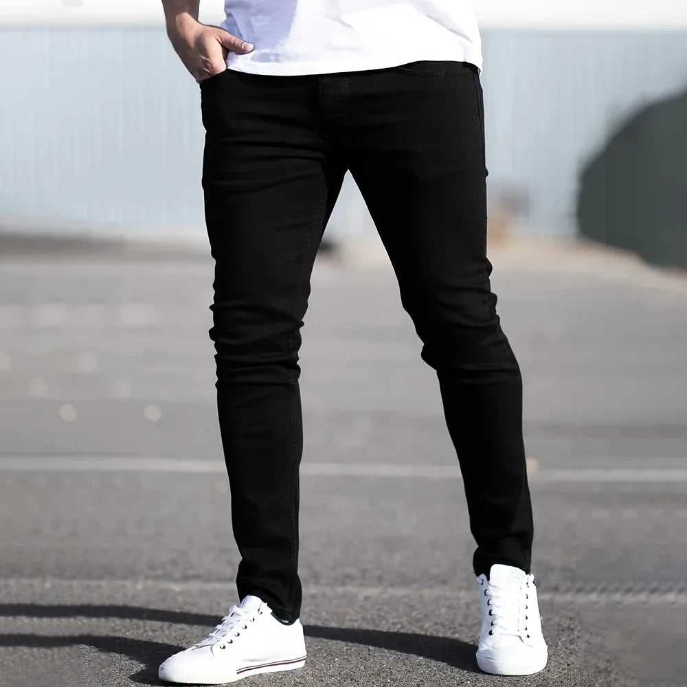 Spring Mens Black Blue Pants Pure Color Stretch Jeans Street Casual Slim Fit Trousers Male Vintage Wash Skinny Jeans for Men - Matrix Studios