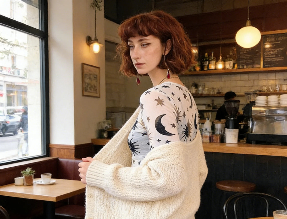 Women's New Style Black-and-White Sun-and-Moon Print Sheer Mesh T-Shirt Sheer Mesh Round Neck Base Layer T-Shirt - Matrix-studios.com