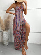 Women's Summer Ethnic Pattern Backless Split Thigh Dress Ladies Summer Clothes Boho Fashion Frill Trim Long Dress for Beach - Matrix-studios.com