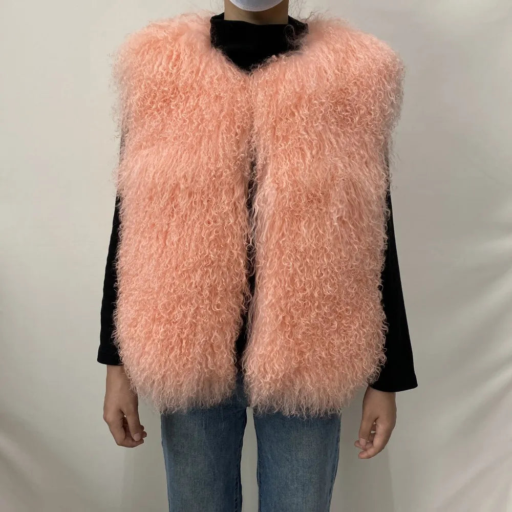 Women's Luxurious Fluffy Warm Mongolian Sheepskin Short Vest Coat Spring Autumn Sexy Wool Outerwear New Collection - Matrix Studios