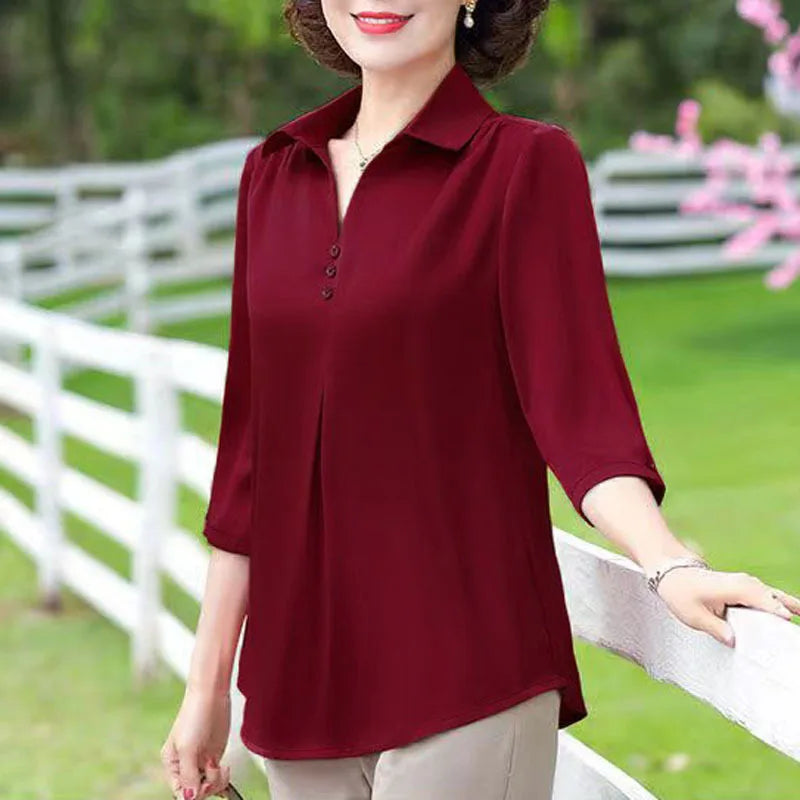 1pcs Woman Summer Solid Blouses Shirt Lady Thin Pullover Shirt Female Casual Half Sleeve Turn-down Collar Loose Top Mom Clothing - Matrix-studios.com