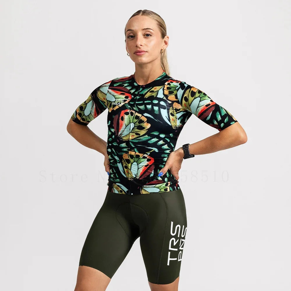 Tres Pinas 2026 Women Short Sleeve Cycling Clothes Suit Breathable One Piece Bike Team Bib shorts set Custom Triathlon Apparel - Matrix-studios.com
