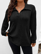 GIBSIE Plus Size Tshirt for Women Spring Fall Polo Collar Long Sleeve T-Shirt Female Casual Ribbed Knit Solid Tee Tops 2023 - Matrix-studios.com