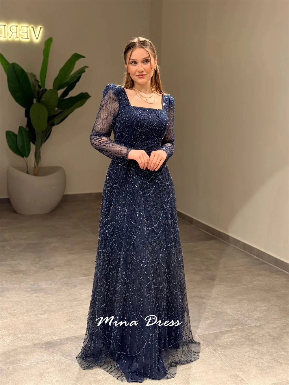 Mina Customized Beads Women's Elegant Dresses for Special Occasions Sequin Square Collar Arabic Evening Dress Luxury Party Dress - Matrix Studios