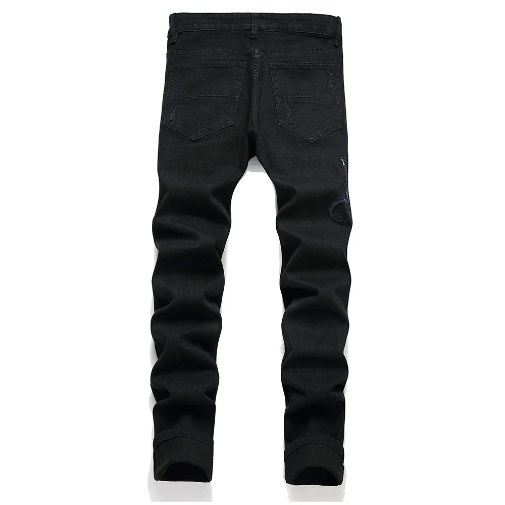 Men Snake Embroidery Jeans Streetwear Black Stretch Denim Pants Holes Ripped Distressed Slim Straight Trousers - Matrix Studios