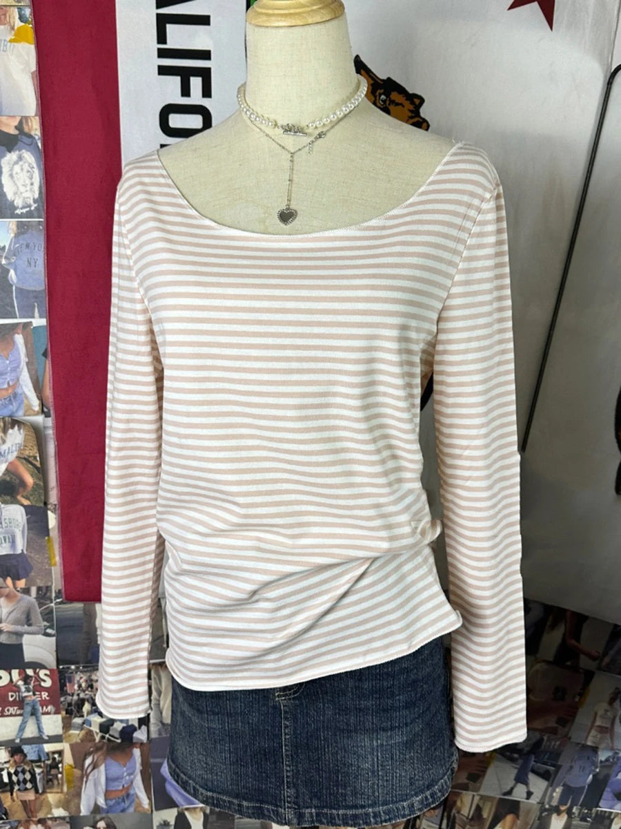 Pink Striped Slim Long Sleeve Tees Women Spring Casual Cotton O-neck Tshirt New Tops Clothes Sweet Cute  Vintage T-shirts Y2K - Matrix-studios.com
