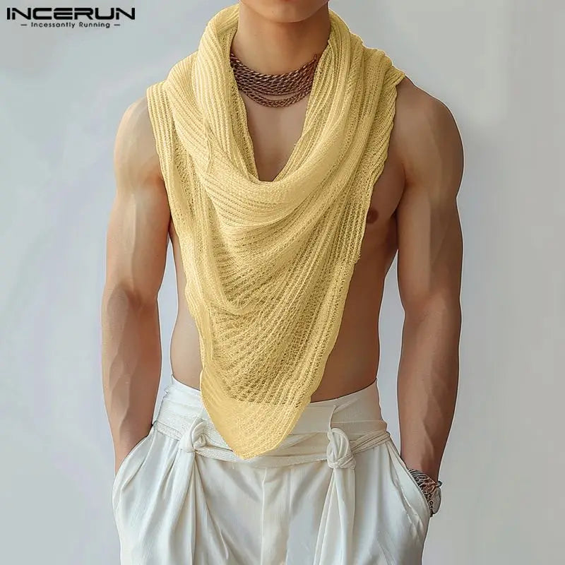 INCERUN Men Irregular Tank Tops Solid Color Turtleneck Sleeveless Transparent Vests Summer Streetwear 2024 Fashion Men Clothing - Matrix Studios