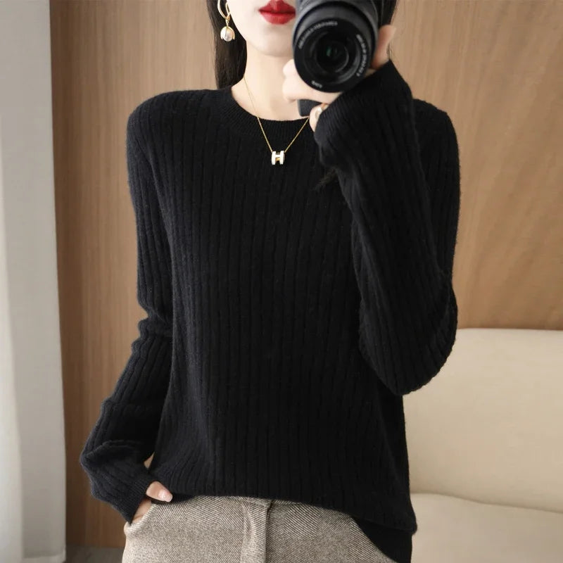 2026 Women Sweaters Autumn Winter Long Sleeve Pullovers O-neck Stripe Warm Pullover Korean Fashion Bottoming Shirts Loose Jumper - Matrix Studios