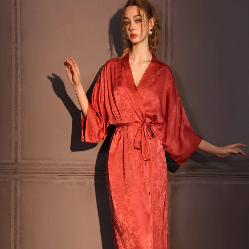 Luxury Jacquard Long Robe Nightgown Women Half Sleeve Kimono Bathrobe Gown Satin Ice Silk Sleepwear Sexy Home Dress Lounge Wear - Matrix-studios.com