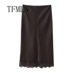 TFMLN Elegant Lace Splice Satin Half Skirt Women's Fashion Wrap Around Long Skirt High Quality Feel New 2025 Style - Matrix-studios.com