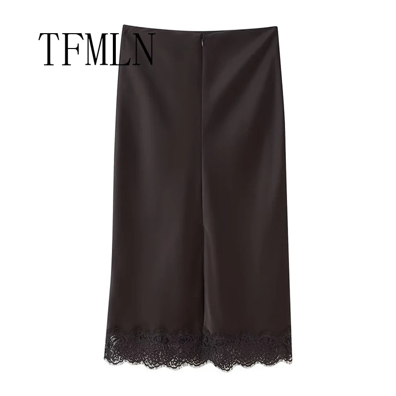 TFMLN Elegant Lace Splice Satin Half Skirt Women's Fashion Wrap Around Long Skirt High Quality Feel New 2025 Style - Matrix-studios.com