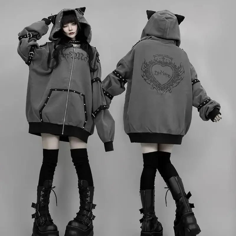 Streetwear Harajuku Hoodies Jackets Women's Clothing Hooded Punk Zipper Coat Japanese Rivet Print Fashion Casual Y2k Sweatshirts - Matrix Studios
