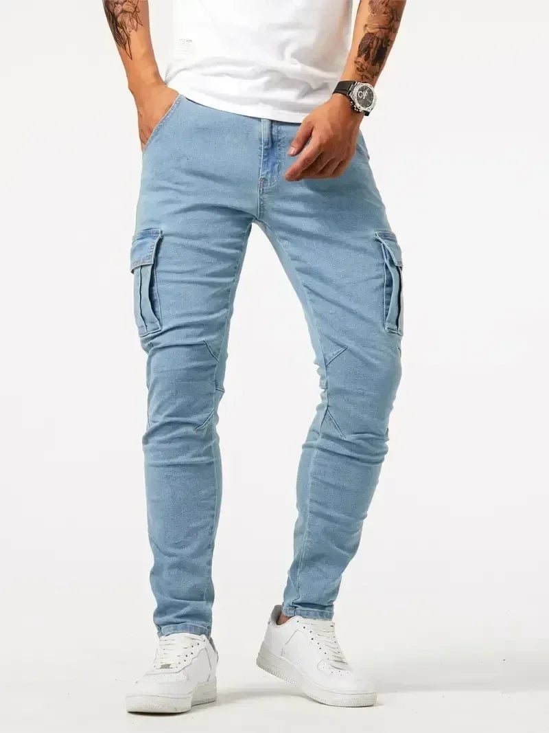 2025 Street Elastic Jeans Men Denim Cargo Pants Wash Solid Color Multi Pockets Casual Mid Waist Trousers Slim Daily Wear Joggers - Matrix Studios