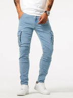 2025 Street Elastic Jeans Men Denim Cargo Pants Wash Solid Color Multi Pockets Casual Mid Waist Trousers Slim Daily Wear Joggers - Matrix Studios