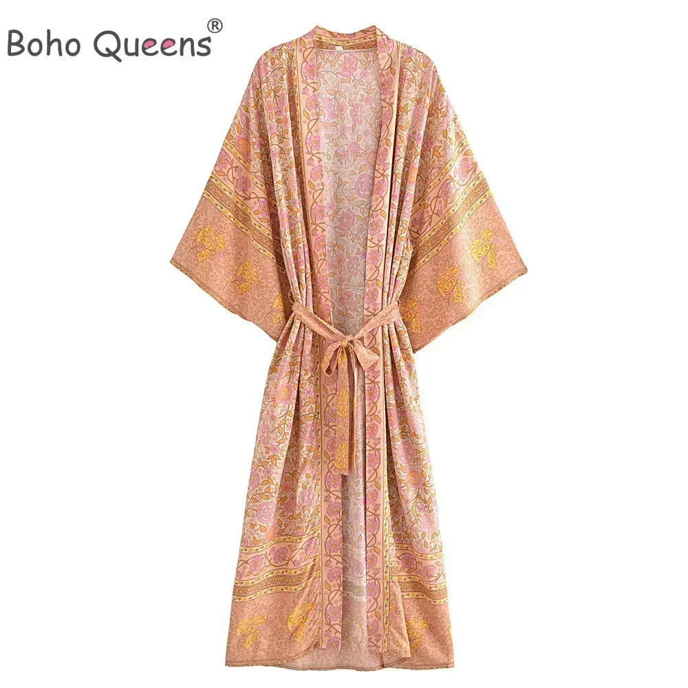 Boho Queens Women Pink Floral Print Bohemian Kimono Beach Robe Lady Batwing Sleeves Rayon Vacation Boho Bikini Cover-ups - Matrix Studios