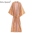 Boho Queens Women Pink Floral Print Bohemian Kimono Beach Robe Lady Batwing Sleeves Rayon Vacation Boho Bikini Cover-ups - Matrix Studios