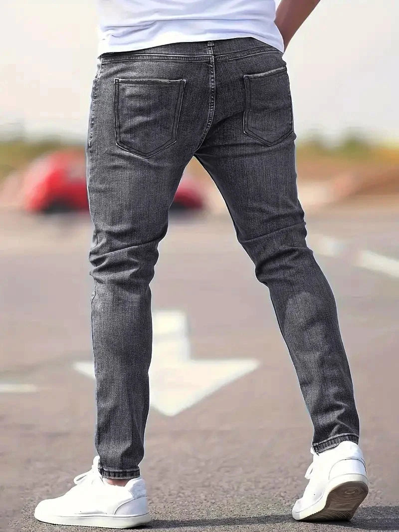 Men's American Retro Hole-Punched Stretch Slim Fit Jeans Zipper Casual Streetwear Denim Pants Classic Black Blue Skinny Trousers - Matrix Studios