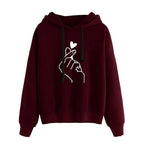 Autumn Fleece Hoodie Solid Color Finger Heart Hooded Korean Fashion Sweatshirts Long Sleeve Top Drawstring Pockets Loose Hoodies - Matrix-studios.com