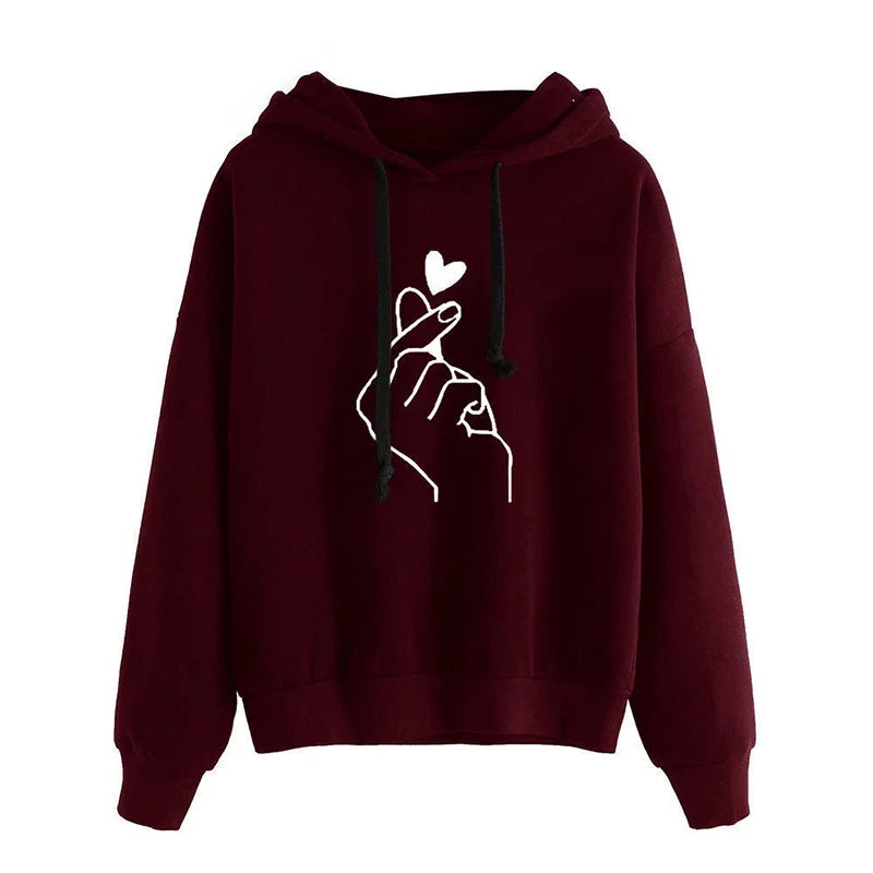 Autumn Fleece Hoodie Solid Color Finger Heart Hooded Korean Fashion Sweatshirts Long Sleeve Top Drawstring Pockets Loose Hoodies - Matrix-studios.com