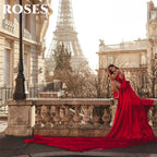 ROSES Red Elegant Stain Prom Dress Sleeveless Formal Gown Backless Trumpet V-Neck Pleats Party Dress for Woman 프롬 드레스 Customized - Matrix-studios.com