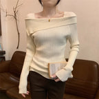 Solid Sexy Slim Off Shoulder Slash Neck Long Sleeve Knitting Sweater Women Jumpers Office Fashion New - Matrix Studios