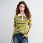 TOYOUTH Women Intellectual Striped Polo Shirt 2026 Spring New Lyocell Linen Breathable Comfort Knit Top - Matrix-studios.com