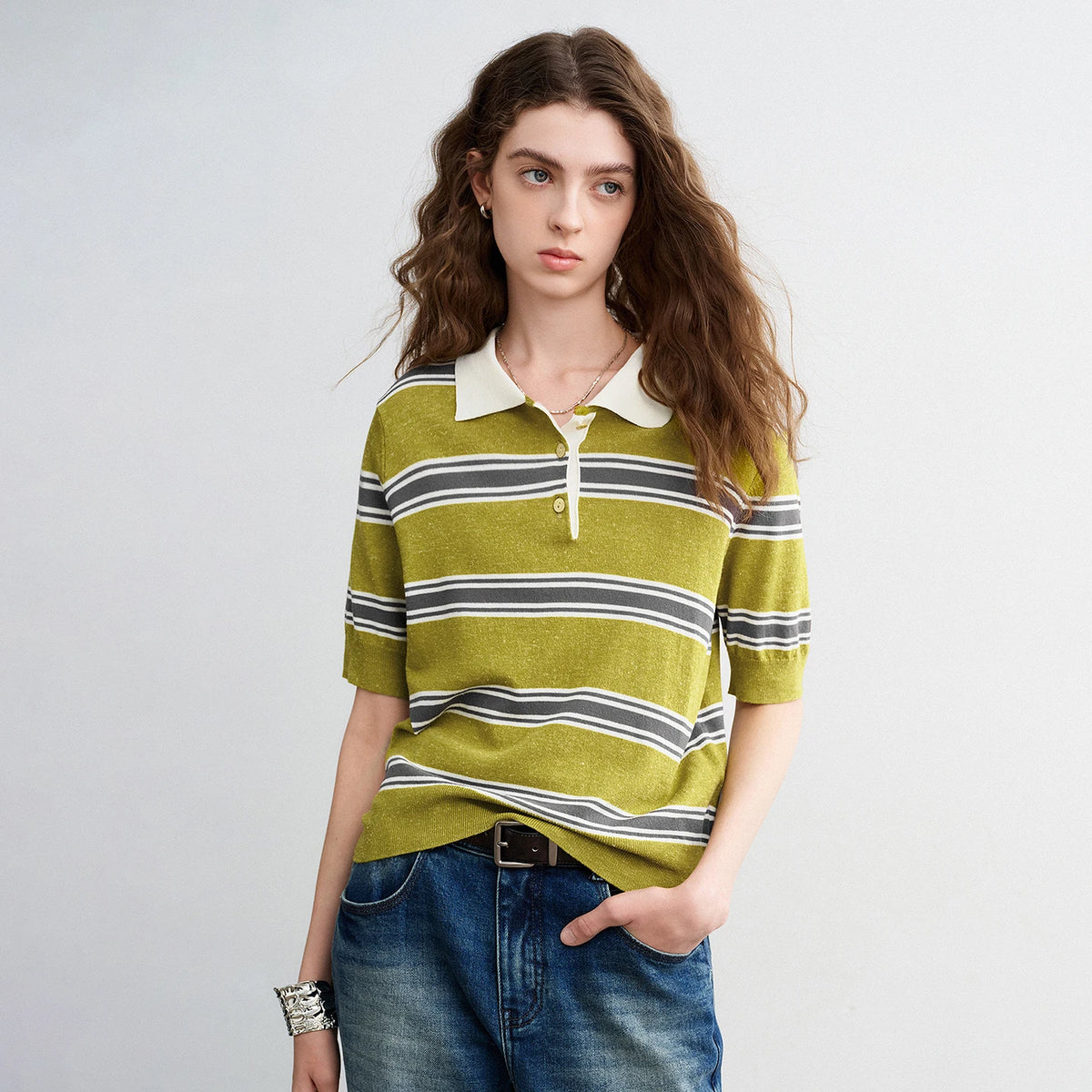 TOYOUTH Women Intellectual Striped Polo Shirt 2026 Spring New Lyocell Linen Breathable Comfort Knit Top - Matrix-studios.com