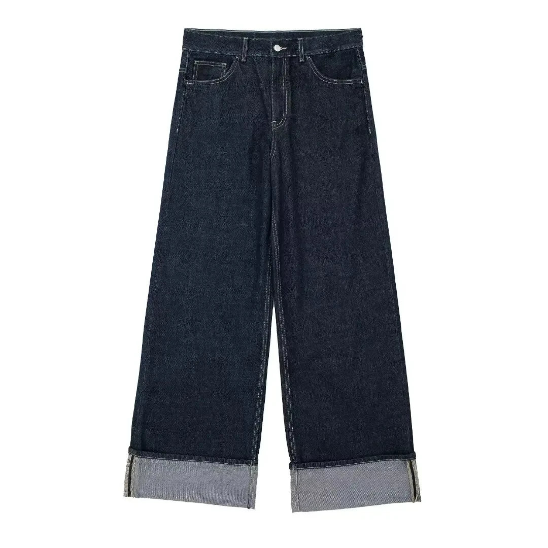 HH Women Fashion Denim Set Casual Lapel Long Sleeve Crop Jacket Buttons Female Vintage Wide Leg Loose Jeans Long Pants - Matrix-studios.com