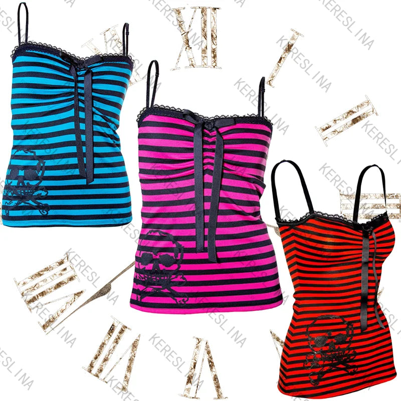 Millennial Style Y2K Skull Lace Bow Striped Halter Top Punk Goth Harajuku Style Top Summer Spice Girls Aesthetic Slim Streetwear - Matrix-studios.com