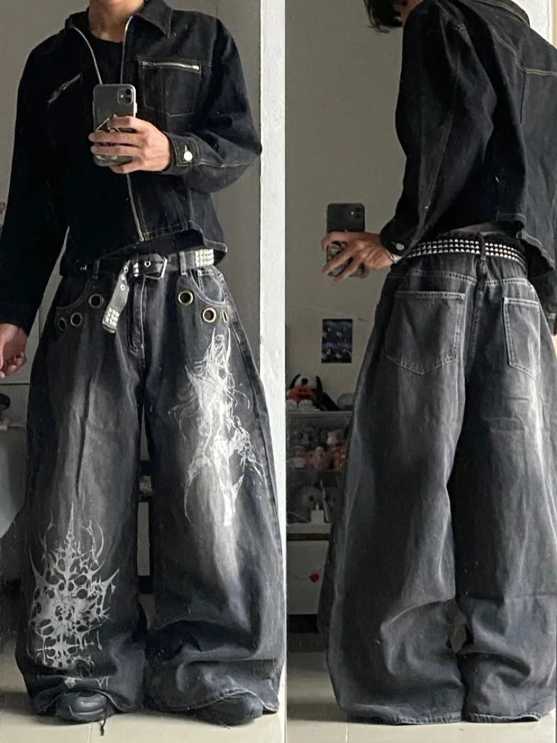 American New Fashion Oversized Pattern Printed Washed Jeans Men Y2K Gothic Rock Popular Casual Joker High Waist Wide Leg Pants - Matrix Studios