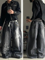 American New Fashion Oversized Pattern Printed Washed Jeans Men Y2K Gothic Rock Popular Casual Joker High Waist Wide Leg Pants - Matrix Studios