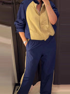 Fashion Color Block 2 Piece Tracksuit Women's Stand Collar Drawstring Cropped Jacket Elastic Waist Pants 2026 Autumn Lady Outfit - Matrix-studios.com