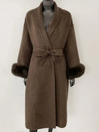 OFTBUY Oversize Loose Autumn Winter Women Coat Real Natural Fox Fur V-neck Woolen Blends Jacket Thick Warm Casual New Overwears - Matrix Studios