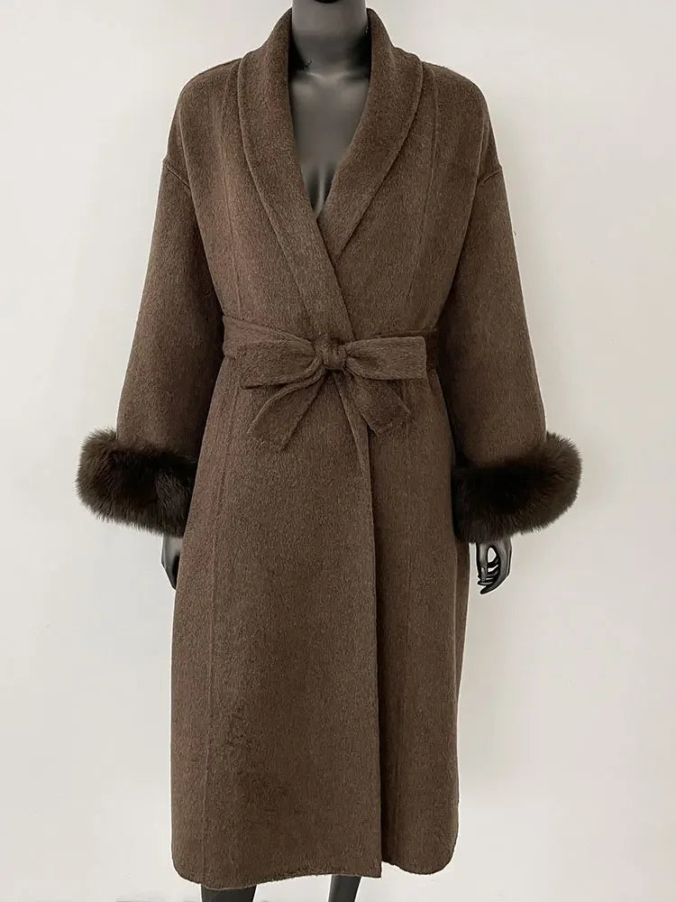 OFTBUY Oversize Loose Autumn Winter Women Coat Real Natural Fox Fur V-neck Woolen Blends Jacket Thick Warm Casual New Overwears - Matrix Studios