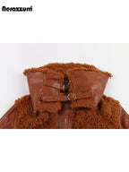 Nerazzurri Autumn Winter Chic Warm Pu Leather Patchwork Faux Fur Coat Women Zip Up Luxury Designer Clothes Fuzzy Fluffy Jacket - Matrix Studios