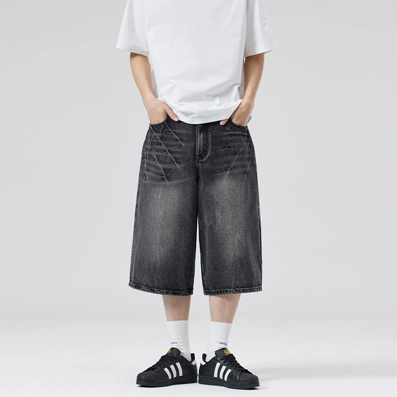 2025 Summer American Lightning Crack Black Grey Jeans Men's Straight Tube Loose Wide Leg Shorts Y2k Street Hip Hop Sevens