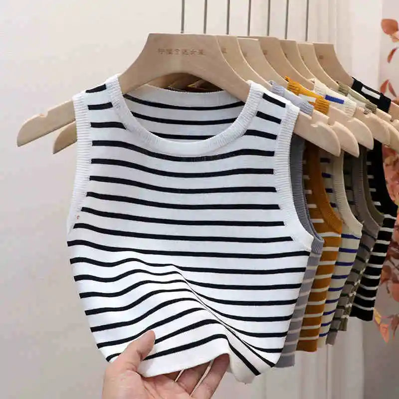 2026 Spring Summer New Sleeveless Ice Silk Knit Tank Top Striped O-Neck Women's Camisole Slim Fit Versatile Sexy Crop Tops - Matrix-studios.com