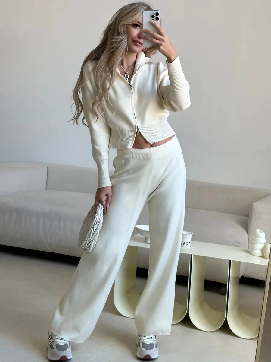 Bornladies Women's New Knit Zip Up Cardigan Wide Leg Pants Set Soft Fabric Cropped Elastic Waist Autumn Winter Fashion Sweater - Matrix-studios.com