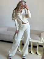Bornladies Women's New Knit Zip Up Cardigan Wide Leg Pants Set Soft Fabric Cropped Elastic Waist Autumn Winter Fashion Sweater - Matrix-studios.com