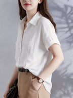 Women's Casual White Blouse, Short Sleeve V-Neck Shirt, Business Office Workwear, Breathable Textured Blouse - Matrix-studios.com